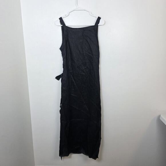 Hirsch & Timber Black 100% Linen Minimalist Wrap Front Midi Dress Size Small - Picture 7 of 8